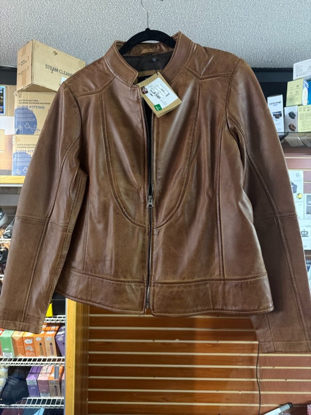 Womens Brown Leather Jacket Zip Front NWT Size Large